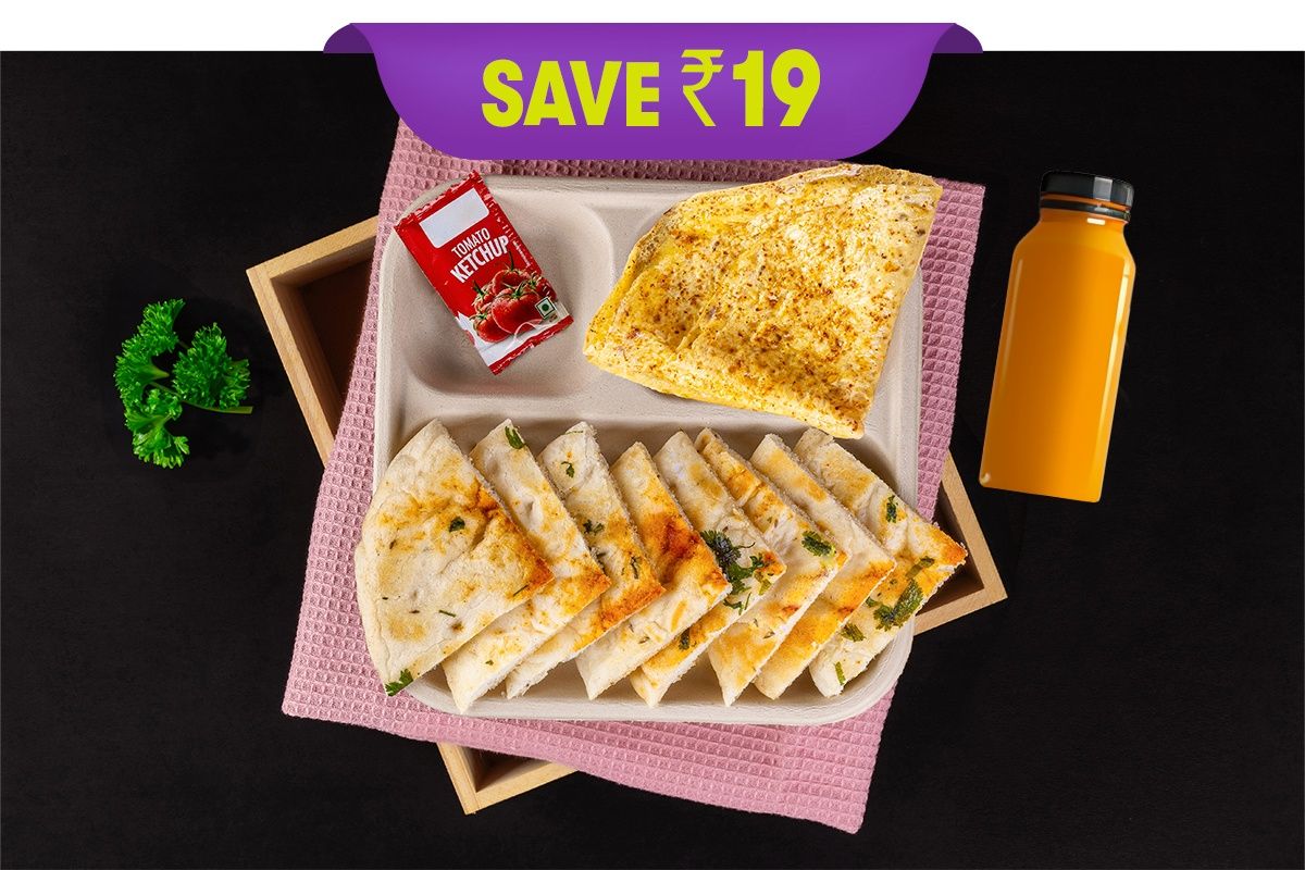 Cheesy Masala Omelette, Masala Bread With Mix Fruit Juice (Save Rs 19)
