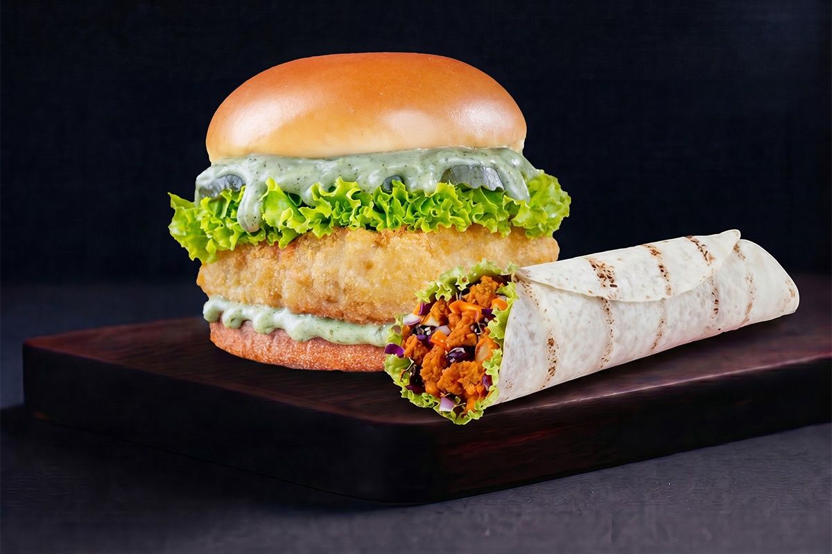 Teriyaki Fried Chicken Wrap + Chimichurri Crispy Chicken Burger
