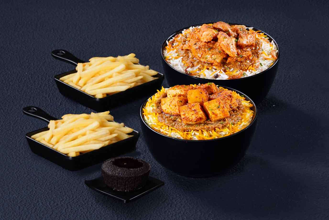 (Serves 2) Double Fiesta Paneer & Chicken Rice Bowls + Fries Meal